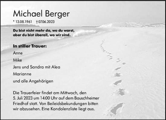 Traueranzeige von Michael Berger von Rüsselsheimer Echo