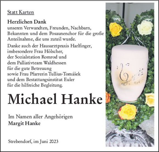 Traueranzeige von Michael Hanke von Oberhessen Kurier
