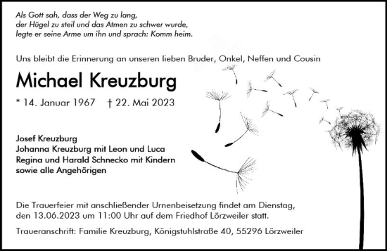 Traueranzeige von Michael Kreuzburg von Allgemeine Zeitung Mainz