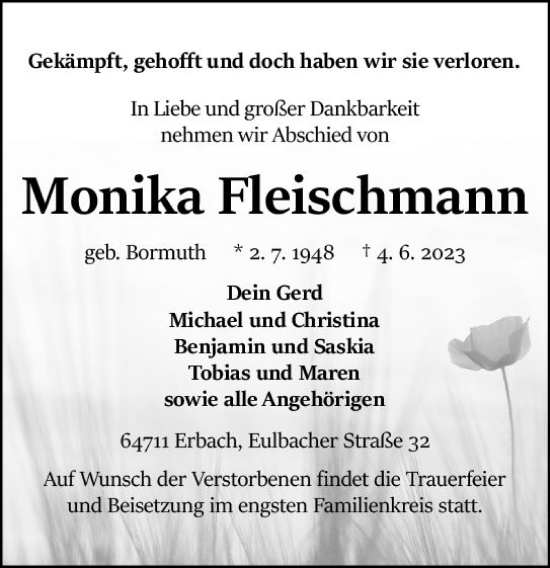 Traueranzeige von Monika Fleischmann von Odenwälder Echo