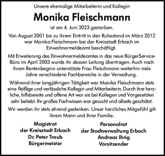 Traueranzeige von Monika Fleischmann von Odenwälder Echo