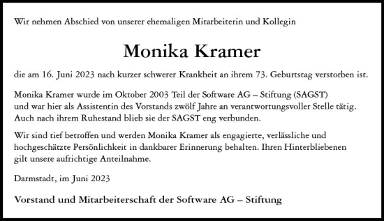 Traueranzeige von Monika Kramer von Darmstädter Echo