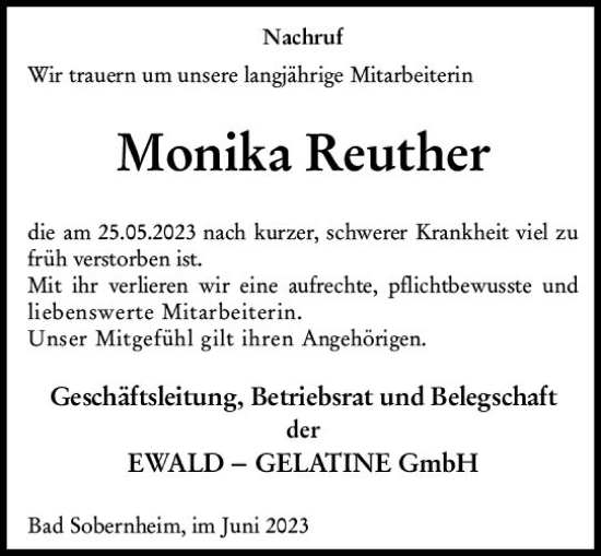 Traueranzeige von Monika Reuther von Allgemeine Zeitung Bad Kreuznach