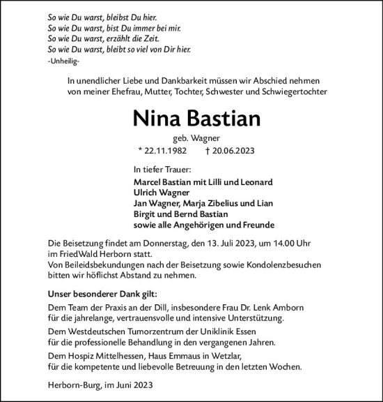 Traueranzeige von Nina Bastian von Dill Block