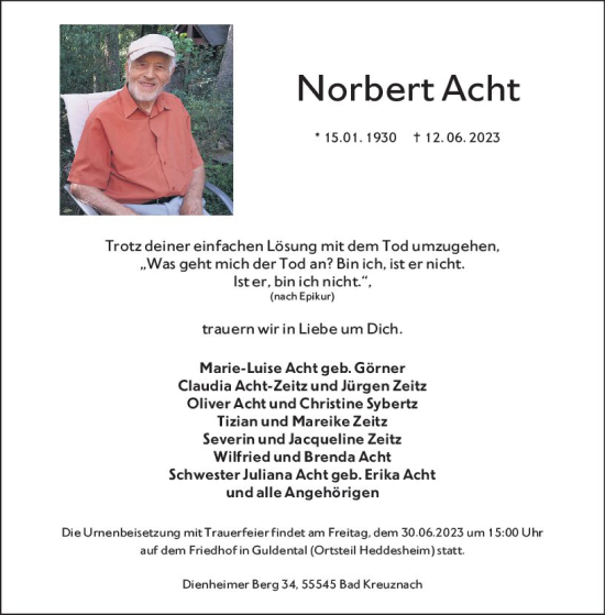 Traueranzeige von Norbert Acht von Allgemeine Zeitung Bad Kreuznach