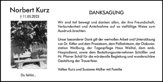 Traueranzeige von Norbert Kurz von Weilburger Tageblatt