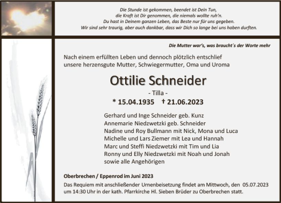 Traueranzeige von Ottilie Schneider von Nassauische Neue Presse