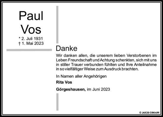 Traueranzeige von Paul Vos von Nassauische Neue Presse