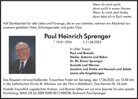 Traueranzeige von Paul Heinrich Sprenger von Groß-Gerauer Echo