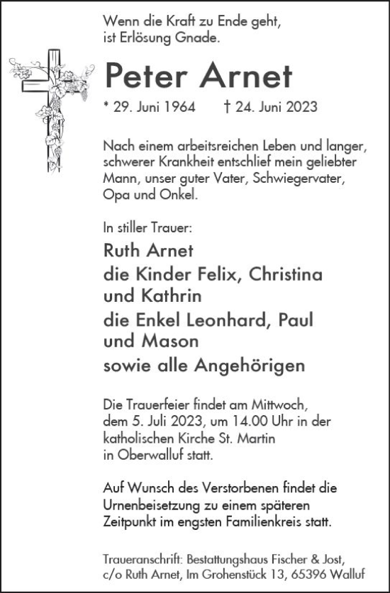 Traueranzeige von Peter Arnet von Wiesbadener Kurier