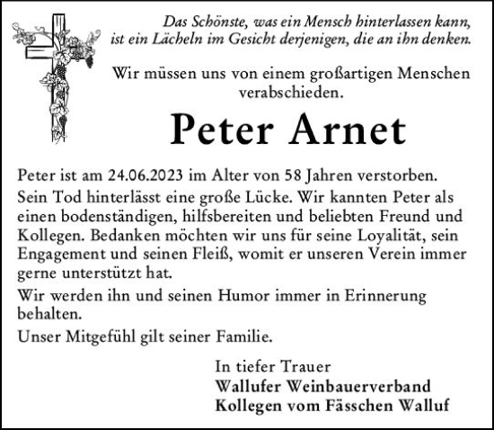 Traueranzeige von Peter Arnet von Wiesbadener Kurier