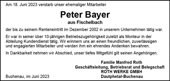 Traueranzeige von Peter Bayer von Hinterländer Anzeiger