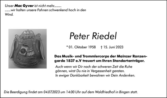 Traueranzeige von Peter Riedel von Allgemeine Zeitung Mainz