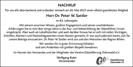 Traueranzeige von Peter Sattler von Odenwälder Echo