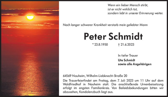 Traueranzeige von Peter Schmidt von Rüsselsheimer Echo