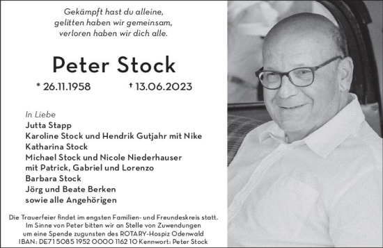 Traueranzeige von Peter Stock von Odenwälder Echo