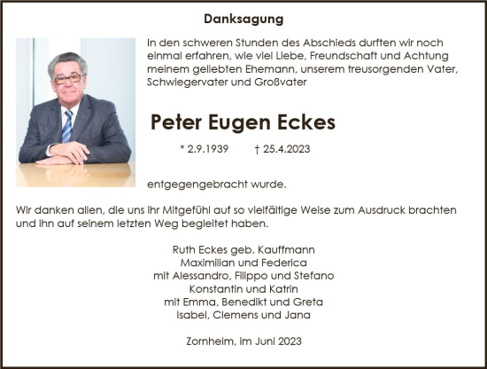 Traueranzeige von Peter Eugen Eckes von Allgemeine Zeitung Bad Kreuznach