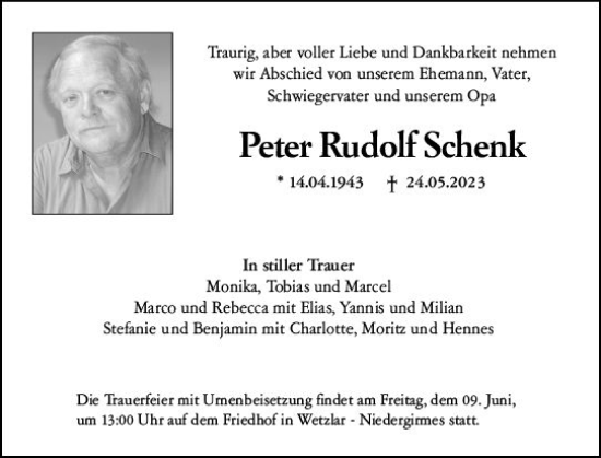 Traueranzeige von Peter Rudolf Schenk von Wetzlarer Neue Zeitung