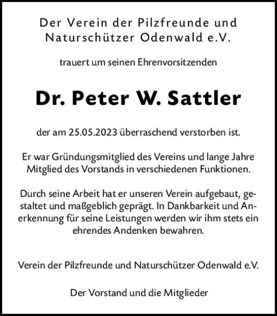 Traueranzeige von Peter W. Sattler von Odenwälder Echo