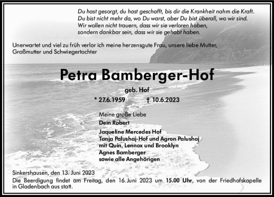 Traueranzeige von Petra Bamberger-Hof von Hinterländer Anzeiger