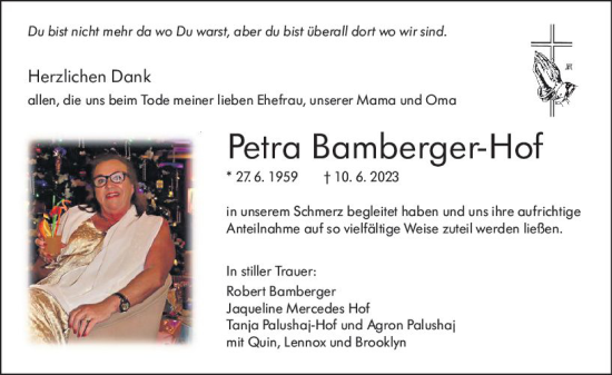 Traueranzeige von Petra Bamberger-Hof von Hinterländer Anzeiger
