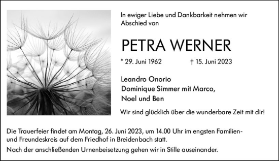Traueranzeige von Petra Werner von Hinterländer Anzeiger