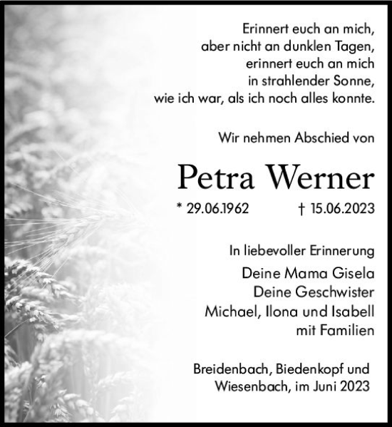 Traueranzeige von Petra Werner von Hinterländer Anzeiger