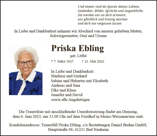 Traueranzeige von Priska Ebling von Allgemeine Zeitung Mainz