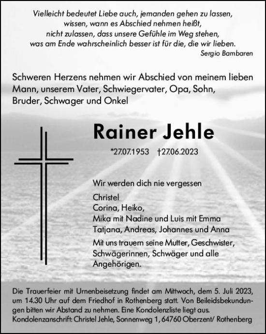 Traueranzeige von Rainer Jehle von Odenwälder Echo