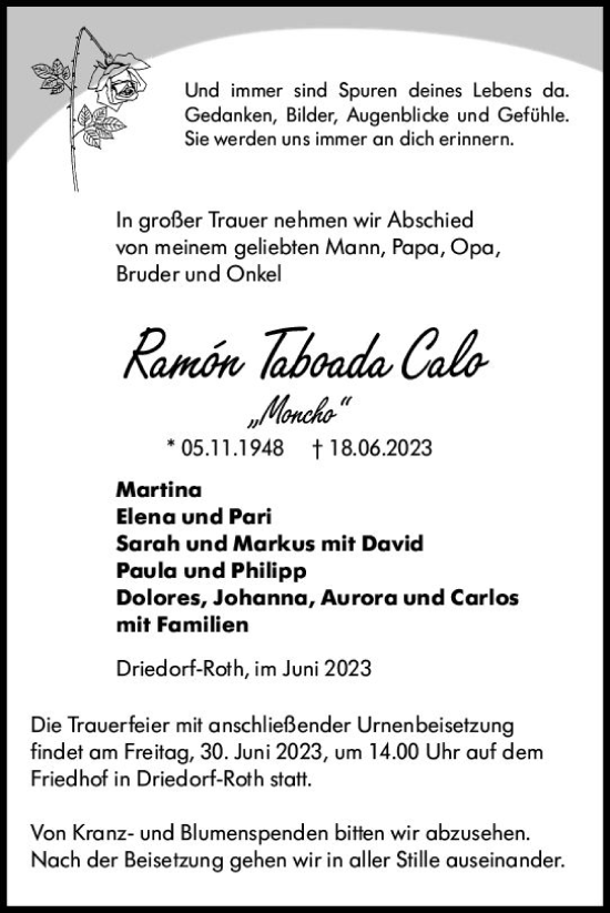 Traueranzeige von Ramon Taboada Calo von Dill Block