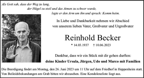 Traueranzeige von Reinhold Becker von Starkenburger Echo