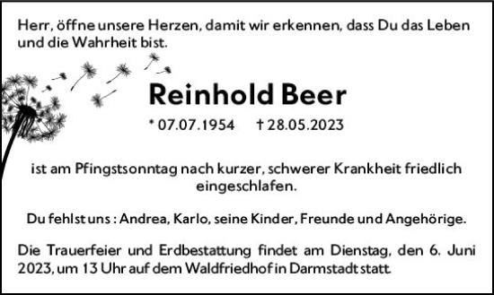 Traueranzeige von Reinhold Beer von Darmstädter Echo