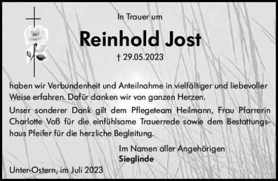 Traueranzeige von Reinhold Jost von Odenwälder Echo