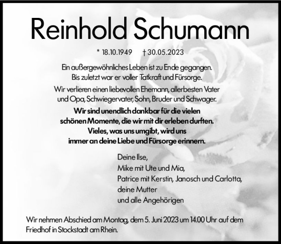 Traueranzeige von Reinhold Schumann von Groß-Gerauer Echo