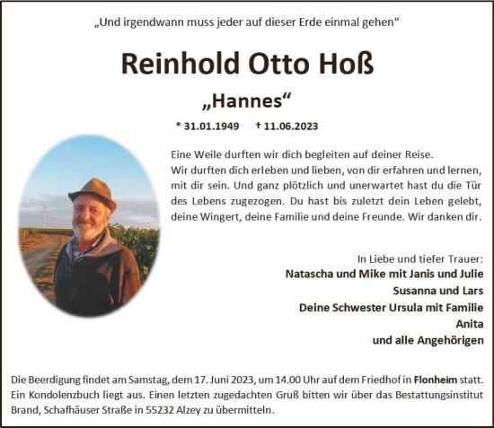 Traueranzeige von Reinhold Otto Hoß von Allgemeine Zeitung Alzey