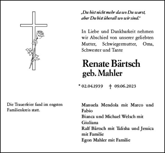 Traueranzeige von Renate Bärtsch von Allgemeine Zeitung Mainz