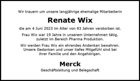 Traueranzeige von Renate Wix von Darmstädter Echo