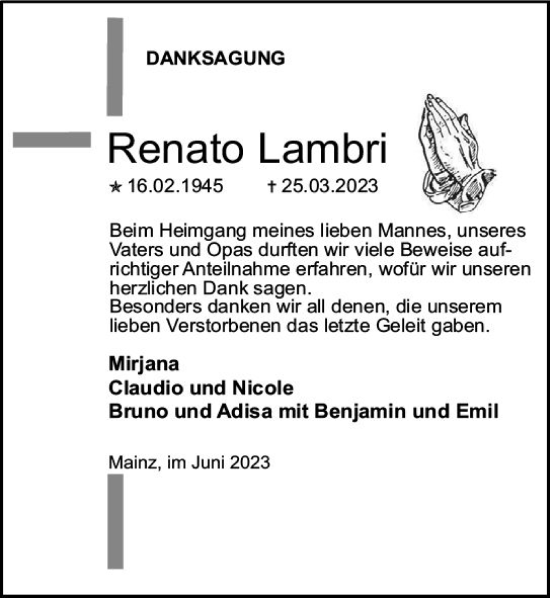 Traueranzeige von Renato Lambri von Allgemeine Zeitung Mainz
