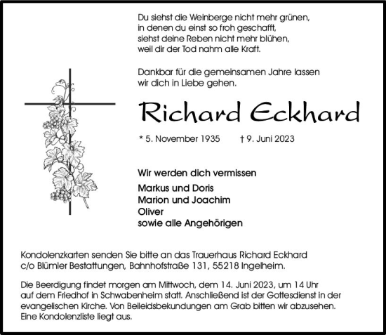 Traueranzeige von Richard Eckhard von Allgemeine Zeitung Bingen/Ingelheim