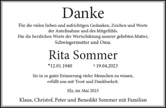 Traueranzeige von Rita Sommer von Nassauische Neue Presse