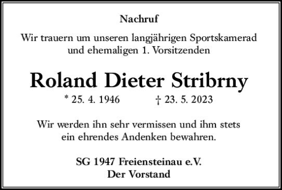 Traueranzeige von Roland Dieter Stribrny von VRM Trauer