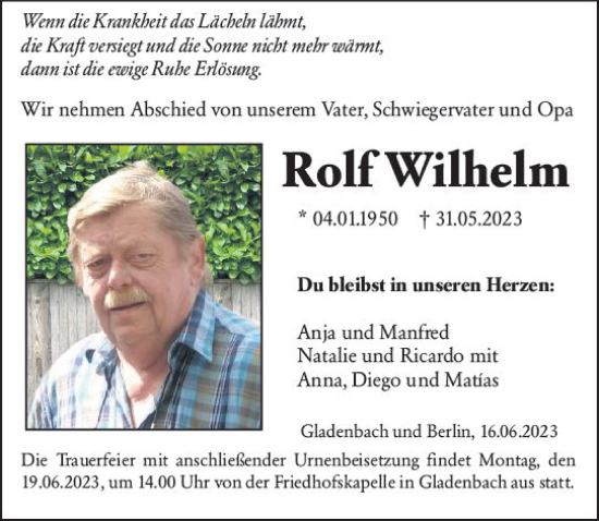 Traueranzeige von Rolf Wilhelm von Hinterländer Anzeiger