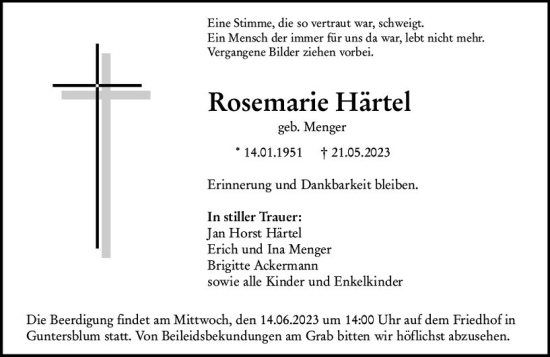Traueranzeige von Rosemarie Härte von Allgemeine Zeitung Mainz