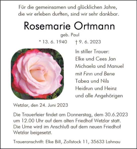 Traueranzeige von Rosemarie Ortmann von Wetzlarer Neue Zeitung