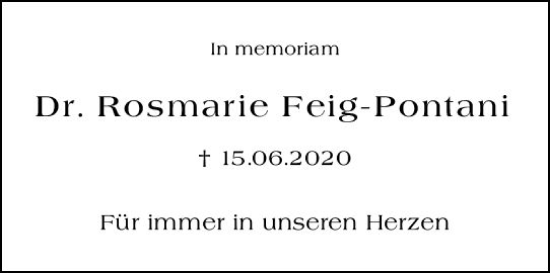 Traueranzeige von Rosmarie Feig-Pontani von Weilburger Tageblatt