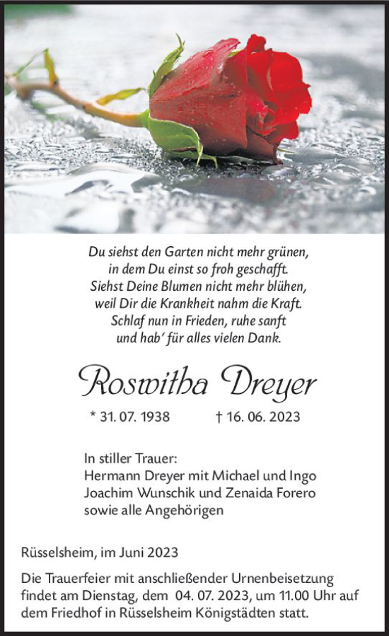 Traueranzeige von Roswitha Dreyer von Rüsselsheimer Echo