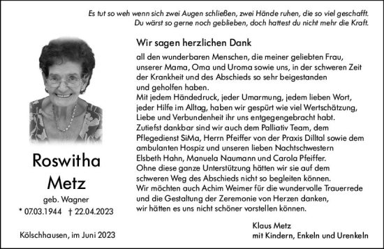 Traueranzeige von Roswitha Metz von Wetzlarer Neue Zeitung