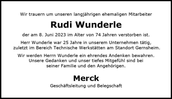 Traueranzeige von Rudi Wunderle von Groß-Gerauer Echo