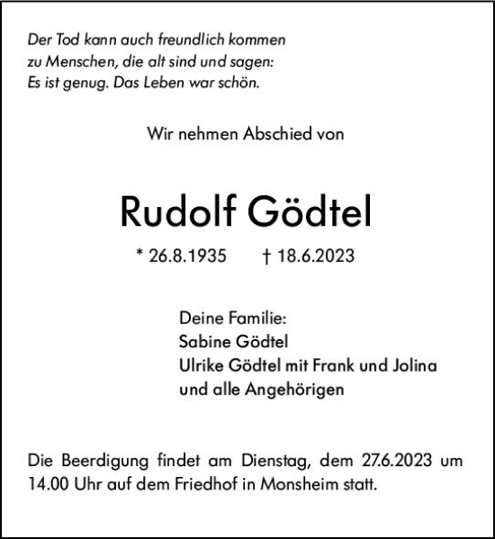 Traueranzeige von Rudolf Gödtel von Wormser Zeitung