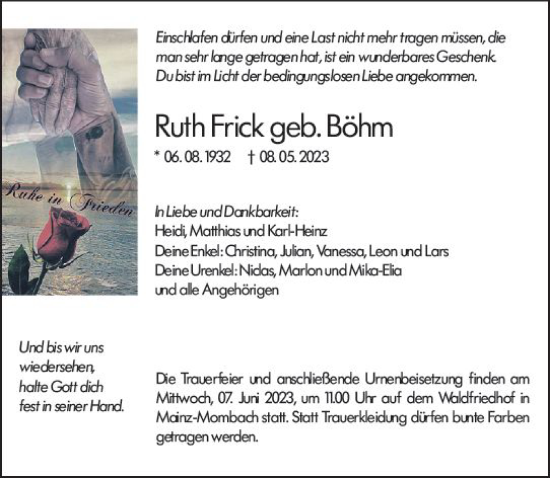 Traueranzeige von Ruth Frick von Allgemeine Zeitung Mainz